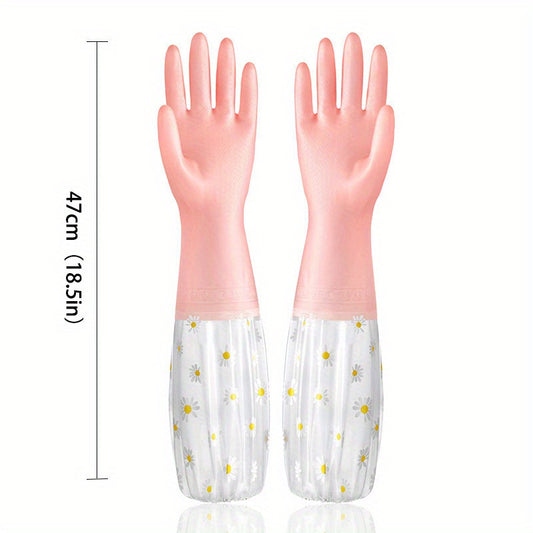 Reusable Gloves Long Sleeve Floral Rubber Gloves | 1 Pair | Rubber | Reusable, Soft & Flexible | Multi-Use for Dishwashing, Kitchen, Oven, Pet Cleaning