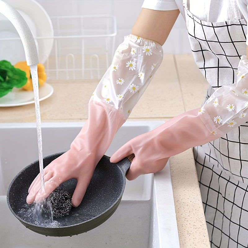 Reusable Gloves Long Sleeve Floral Rubber Gloves | 1 Pair | Rubber | Reusable, Soft & Flexible | Multi-Use for Dishwashing, Kitchen, Oven, Pet Cleaning