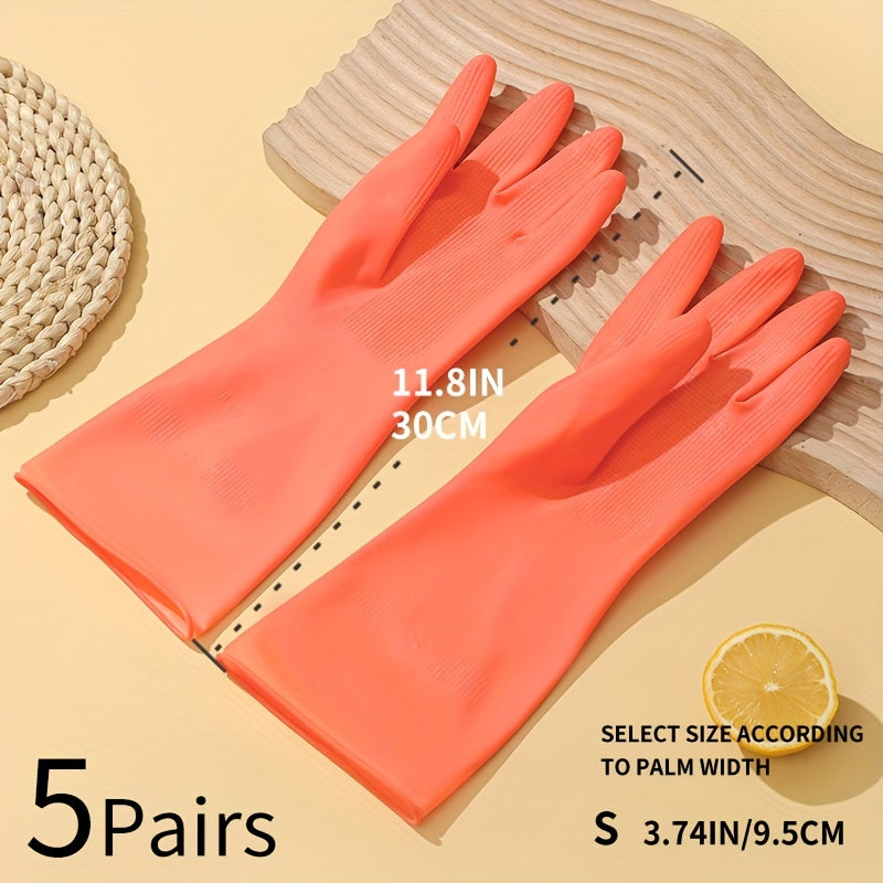 5pcs Bright Orange Natural Rubber Gloves - Waterproof, Non-Slip, Durable Cleaning Gloves for Kitchens, Bathrooms, Laundry, and Gardening, Size L (11.8\