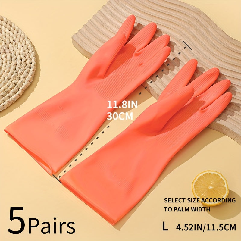 5pcs Bright Orange Natural Rubber Gloves - Waterproof, Non-Slip, Durable Cleaning Gloves for Kitchens, Bathrooms, Laundry, and Gardening, Size L (11.8\