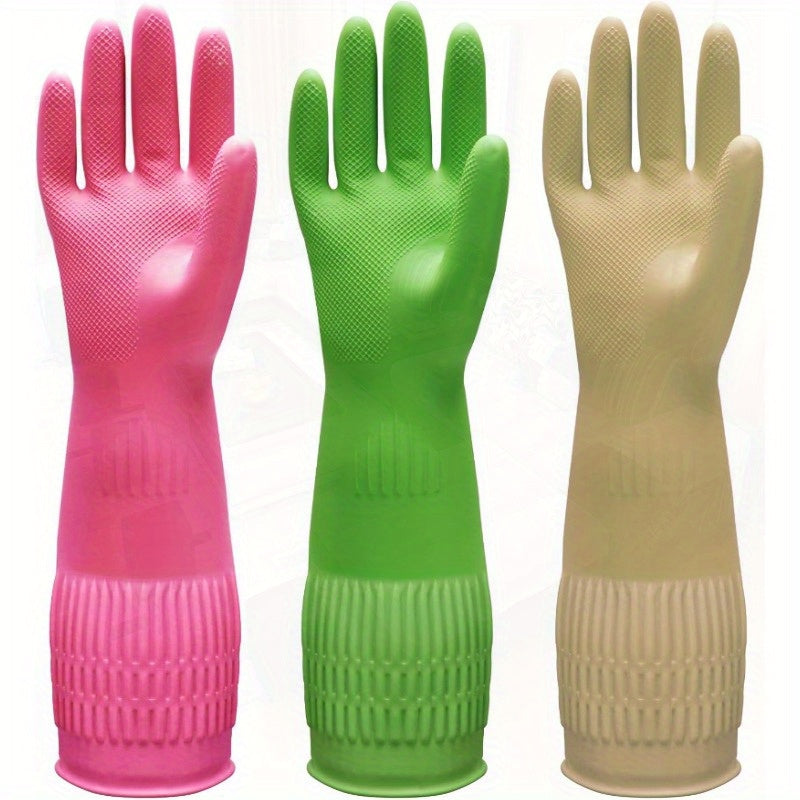 Bamllum 3 Pairs of Rubber Dishwashing Gloves for Kitchen and Household Cleaning Long Cuff 15 Reusable Flexible Longlasting and NonSlip Red+Yellow+Green Large