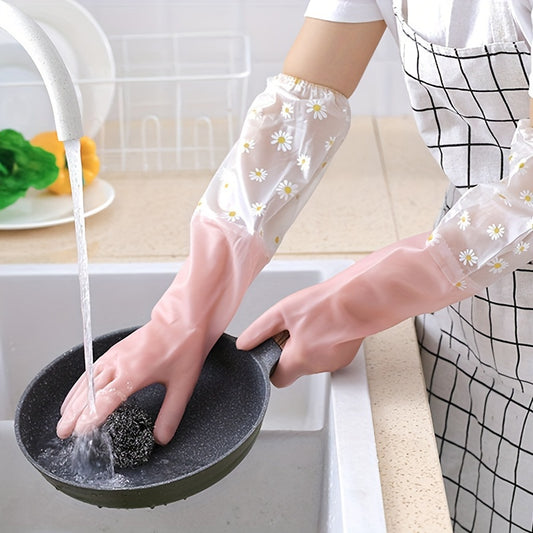 1 Pair, Long Sleeve Rubber Gloves, Reusable Dishwashing Gloves, Kitchen Oven Pet Cleaning Gloves