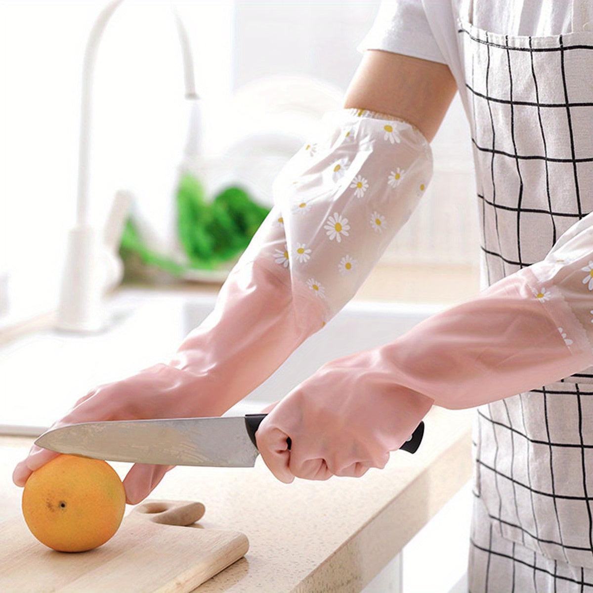Reusable Gloves Long Sleeve Floral Rubber Gloves | 1 Pair | Rubber | Reusable, Soft & Flexible | Multi-Use for Dishwashing, Kitchen, Oven, Pet Cleaning