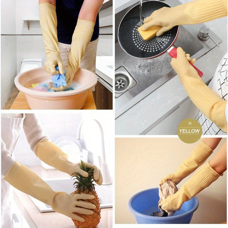 Bamllum 3 Pairs of Rubber Dishwashing Gloves for Kitchen and Household Cleaning Long Cuff 15 Reusable Flexible Longlasting and NonSlip Red+Yellow+Green Large