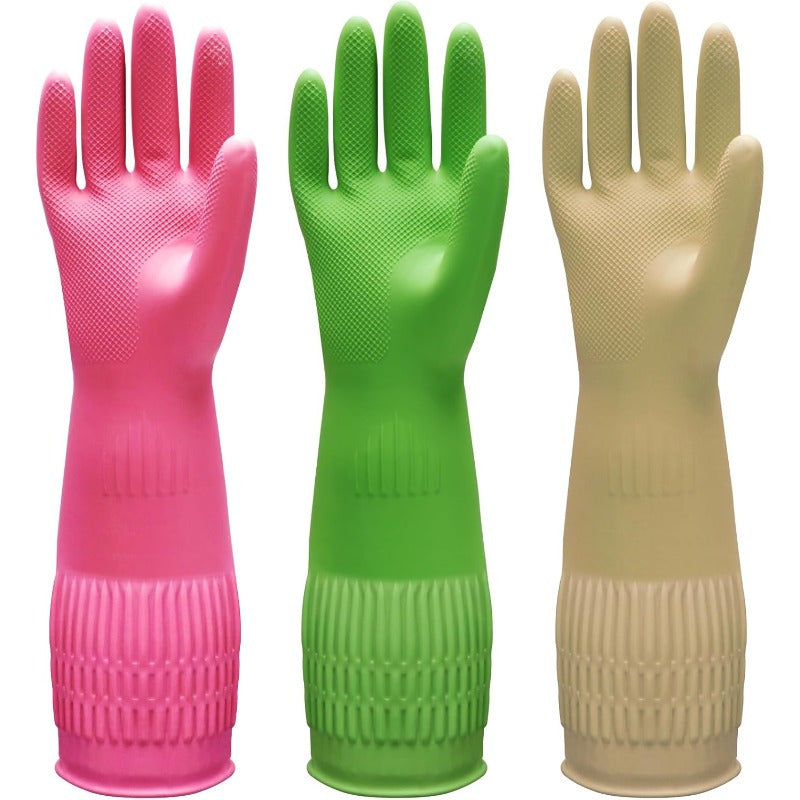 Bamllum 3 Pairs of Rubber Dishwashing Gloves for Kitchen and Household Cleaning Long Cuff 15 Reusable Flexible Longlasting and NonSlip Red+Yellow+Green Large