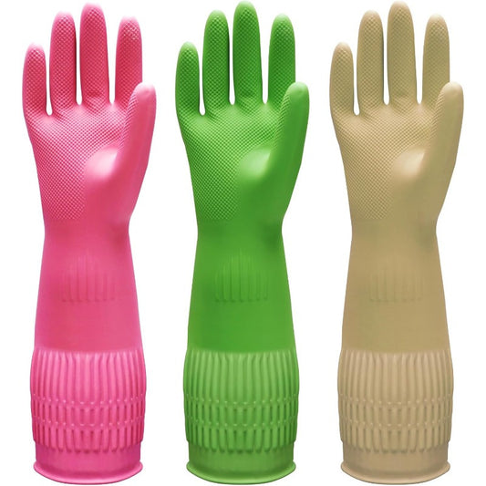 Bamllum 3 Pairs of Rubber Dishwashing Gloves for Kitchen and Household Cleaning Long Cuff 15 Reusable Flexible Longlasting and NonSlip Red+Yellow+Green Large