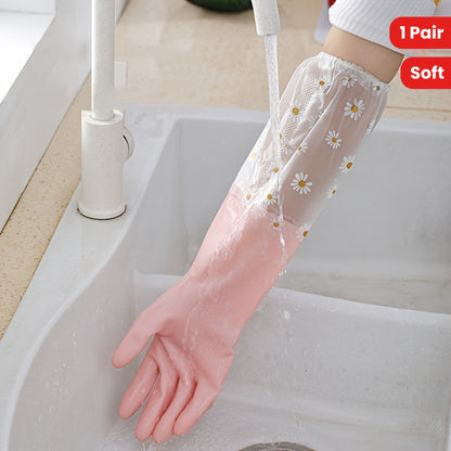 Reusable Gloves Long Sleeve Floral Rubber Gloves | 1 Pair | Rubber | Reusable, Soft & Flexible | Multi-Use for Dishwashing, Kitchen, Oven, Pet Cleaning