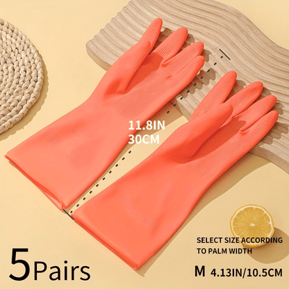 5pcs Bright Orange Natural Rubber Gloves - Waterproof, Non-Slip, Durable Cleaning Gloves for Kitchens, Bathrooms, Laundry, and Gardening, Size L (11.8\